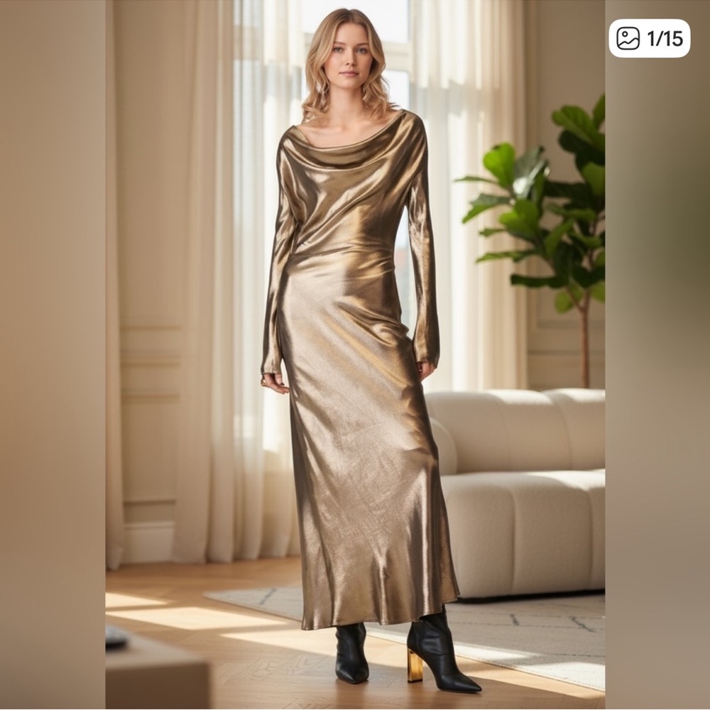 Zara Metallic Gold Lamé Cowl-Neck Sheath Maxi Dress